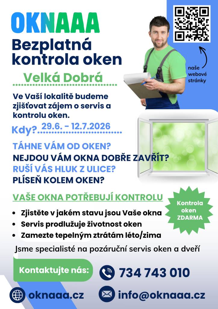 Ve Velké Dobré se od 29. června do 12. července 2026 uskuteční bezplatná kontrola oken. Naši specialisté zjistí, v jakém stavu jsou vaše okna a nabídnou servis, který prodlouží jejich životnost a zamezí tepelným ztrátám. Pokud vás trápí hluk z ulice či plíseň kolem oken, neváhejte se na nás obrátit.