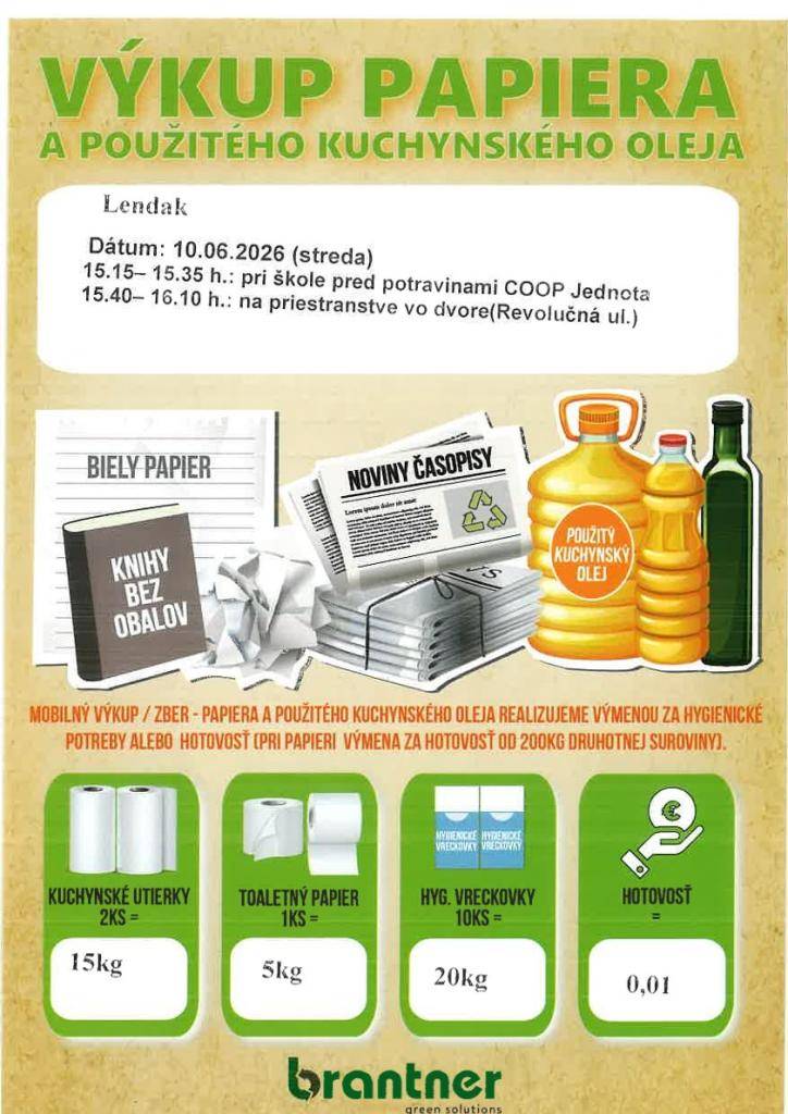 Dnes 10.6.2026 firma Brantner vykupuje papier a použitý kuchynský olej.  15.15 h. do 15.35 h. - pri škole pred potravinami COOP Jednota  15.40 h. do 16.10 h. na priestranstve vo Dvore