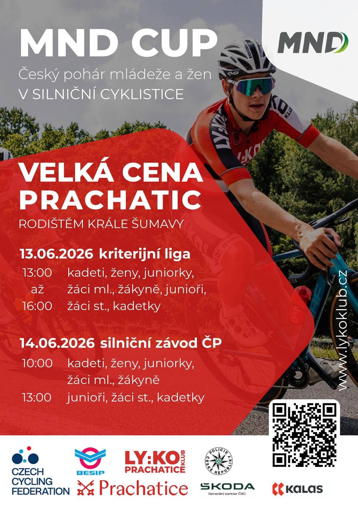 O víkendu 13.–14. června 2026 se Prachatice stanou centrem české mládežnické cyklistiky. Na start prestižního závodu MND CUP – Český pohár mládeže a žen v silniční cyklistice se postaví nejlepší mladí závodníci a závodnice z celé republiky. 📅 Sobota 13. 6. Městské kritérium v ulicích Prachatic ⏰ závody 13:00–16:00 🚧 dopravní omezení 11:00-17:00 🚨🚴Sobotní kritérium nabídne nejen špičkovou cyklistiku, ale i připomínku významného výročí. Letos uplyne 50 let od Mistrovství ČR motokár, které se na stejném okruhu konalo 12. června 1976. 🏎️Závod slavnostně odstartují tehdejší vítěz Milan Šimák a stříbrný medailista Václav Dostál. Před cyklisty navíc symbolicky projede úvodní kolo závodní motokára. Krásné propojení sportovní historie a současnosti! 📅 Neděle 14. 6. Silniční závod na okruhu: Prachatice – Kahov – Oseky – Kratušín – Lažiště – Dvory – Husinec – Prachatice ⏰ závody od 10:00 🚧 dopravní omezení přibližně 8:30–16:00 ⚠️ Důležité dopravní informace V sobotu budou uzavřeny části ulic: • Zahradní • Slámova • Zvolenská V neděli dojde k postupným uzavírkám na celé trase závodu. Významné omezení se dotkne také ulice Národní, kde bude umístěn start a cíl. 🚗 Obyvatelům dotčených lokalit doporučujeme naplánovat si cesty předem a v případě potřeby přeparkovat vozidla mimo trasu závodu. 🚑 Průjezd vozidel IZS bude po celou dobu akce zajištěn. 👏 Děkujeme za pochopení a ohleduplnost. Přijďte podpořit mladé sportovce a vytvořit skvělou atmosféru podél tratí! 🔗 Přehled uzavírek naleznete zde: https://www.prachatice.eu/velka-cena-prachatic.../d-50378
