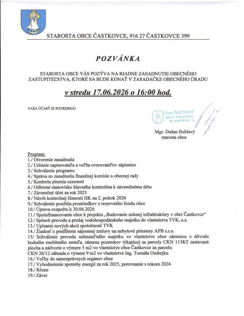 Pozvánka na OZ 17.06.2026