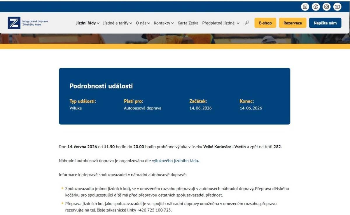 V neděli 14. června 2026 od 11:50 hodin do 20 hodin proběhne výluka v úseku Velké Karlovice - Vsetín a zpět na trati 282.  Náhradní autobusová doprava je organizována dle výlukového jízdního řádu (viz příloha).