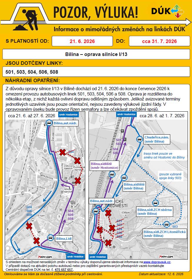 Z důvodu opravy silnice I/13 v Bílině bude od 21. června 2026 do konce července 2026 omezen provoz autobusových linek 501, 503, 504, 506 a 508. Oprava bude probíhat ve více etapách, které ovlivní dopravu různými způsoby.