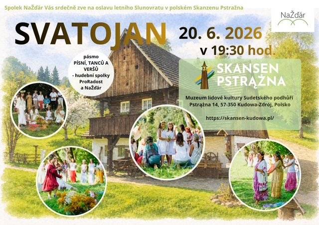 Dobrý den. Přijměte srdečné pozvání do polského skanzenu ve Pstroužném. V sobotu 20. 6. 2026 od 19:30 budeme vystupovat s pásmem svatojánských písní, veršů, lidových mouder o bylinkách a tanců. Zpívat vám bude hudební spolek ProRadost a NaŽďár. Ve skanzenu se můžete těšit na svatojánskou noc plnou kouzel jedné z nejdelších nocí v roce spojenou s tradicemi jako pletení věnců, hledání zlatého kapradí a další aktivity. Jana Píšová