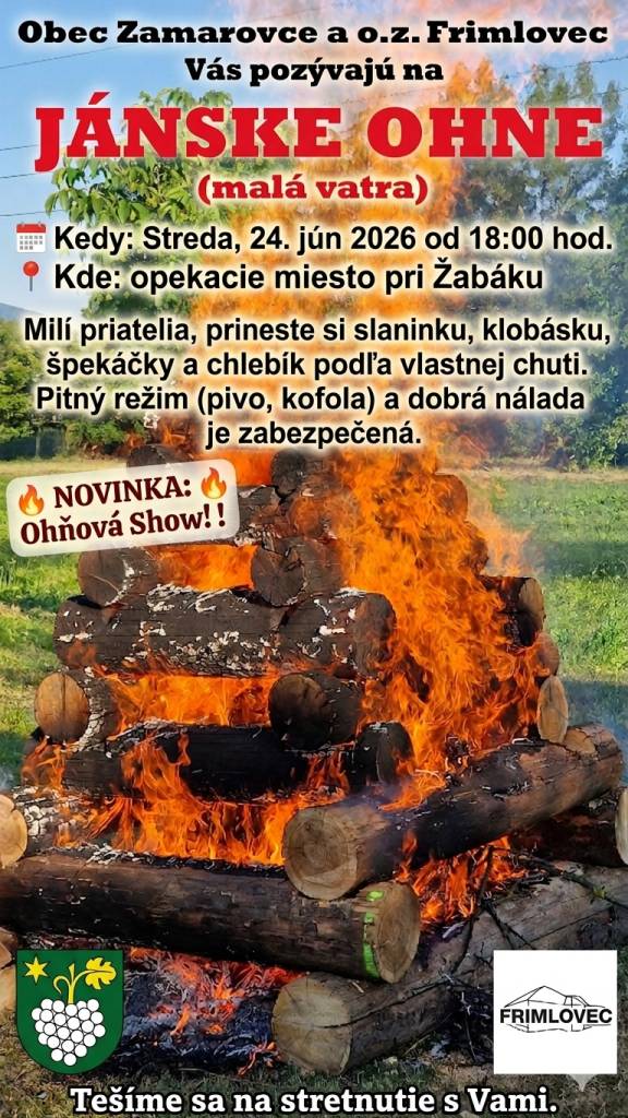 Obec Zamarovce a Frimlovec o.z. Vás srdečne pozývajú na pohodové posedenie pri ohni.
