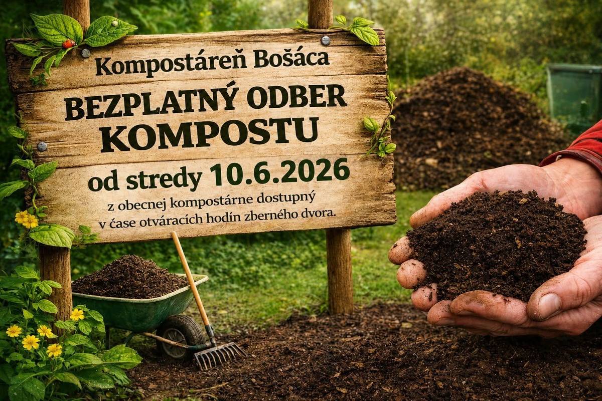 Od 10.6.2026 je opäť k odberu bezplatne kompost na Kompostárni v Bošáci počas otváracích hodín Zberného dvora (streda 14.00 – 18.00, sobota 8.00 – 12.00).