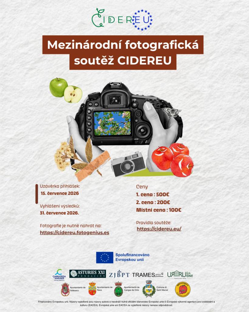Hledáme snímky o jablečném dědictví, moštu a cideru a roli žen v této tradici.  ???? Do 15. 7. 2026    ???? Přihlášky: https://cidereu.fotogenius.es    ???? 500 € / 200 € / 100 €  Vybrané fotografie budou součástí mezinárodní výstavy.  Financováno EU. Zobrazovat míň