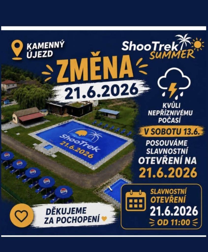 Dne 21.6. od 11 hodin bude zahájení sezóny na místním koupališti. Provozovatel kiosku Shoo Trek si Vás dovoluje pozvat na slavnostní otevření.