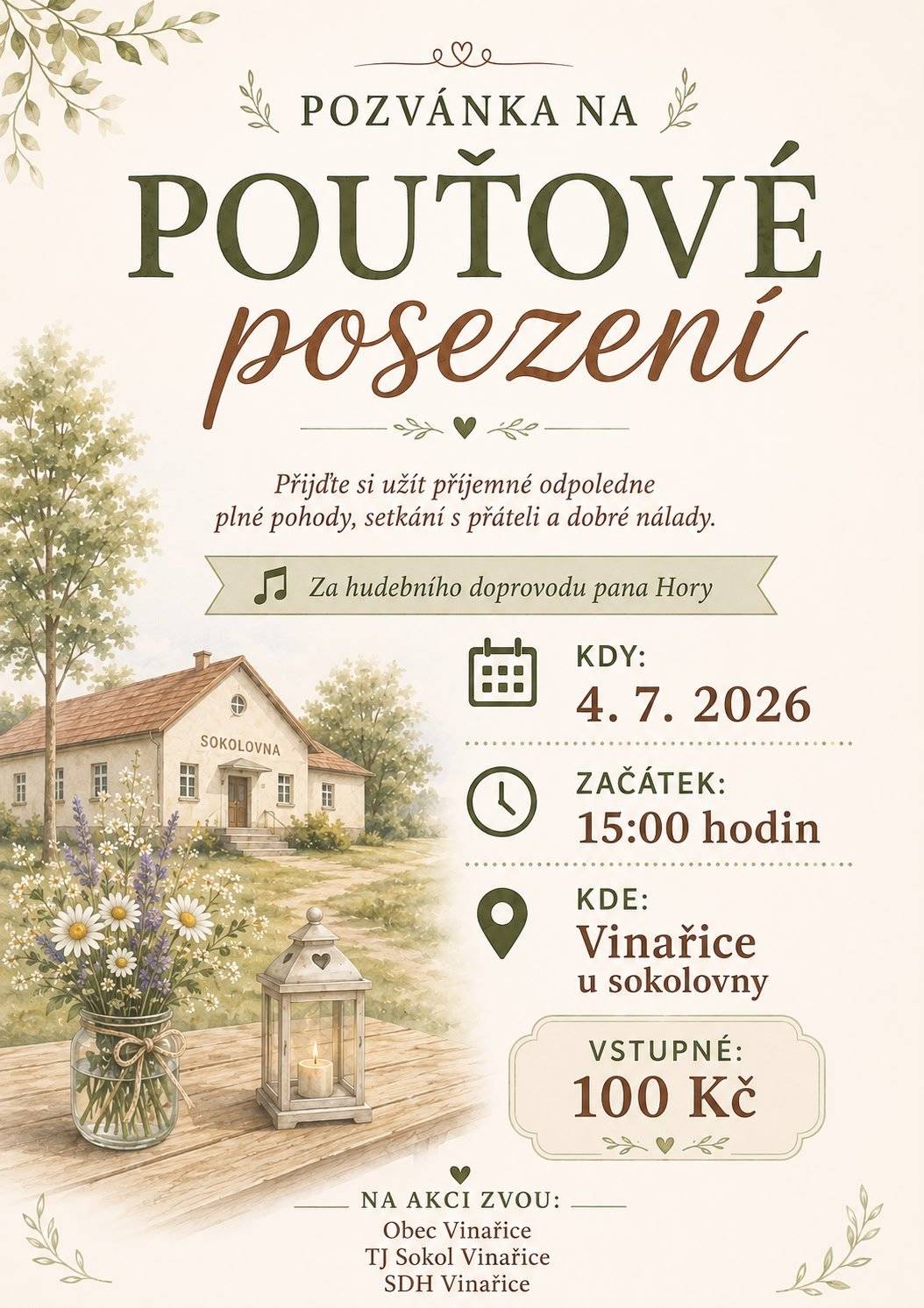Zveme Vás na pouťové posezení 4.7.2026 od 15:00 u Sokolovny.