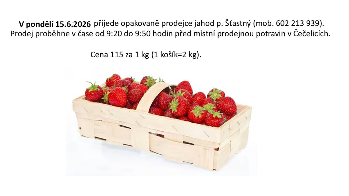 Prodej jahod Čečelice, pondělí 15.6.2026 od 9:20 do 9:50.