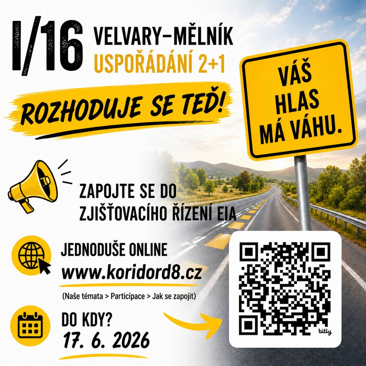 Vážení spoluobčané, naše (tedy i Vaše) obec bude přímo dotčena záměrem „I/16 Velvary – Mělník, uspořádání 2+1“, jehož cílem je zkapacitnění stávající silnice I/16 v úseku Velvary – Mělník.  O tom, jak bude projekt vypadat a jak ovlivní život v naší obci i širším okolí, se rozhoduje právě teď. Probíhá zjišťovací řízení EIA - jedna z posledních příležitostí, jak podobu záměru ovlivnit a upozornit na témata, která jsou pro naši obec důležitá. Chcete se zapojit?  V aplikaci MojePřipomínky můžete snadno a rychle podat své vlastní připomínky k plánovanému záměru „I/16 Velvary – Mělník, uspořádání 2+1“.   Jak postupovat? 1️⃣ Přečtěte si připomínky uvedené v aplikaci. 2️⃣ Zaškrtněte body, se kterými souhlasíte. Můžete označit jeden, několik nebo všechny. Do volného pole dole můžete připsat i své vlastní připomínky. 3️⃣ Vyplňte své údaje v dolní části formuláře: ●     jméno a příjmení ●     adresu (ulice, č.p., PSČ, obec) ●     datum narození 4️⃣ Klikněte na tlačítko „Vygeneruj vyjádření“. Systém vám připraví dopis ve formátu PDF. 5️⃣ Odešlete připomínky: ●     datovou schránkou na adresu uvedenou v hlavičce dokumentu, nebo ●     poštou – vytiskněte PDF, podepište a pošlete (nejlépe doporučeně) na adresu uvedenou v hlavičce. 🖊️ Vaše vyjádření je důležité. Čím více občanů se zapojí, tím větší váhu budou mít naše připomínky při posuzování projektu. Děkujeme
