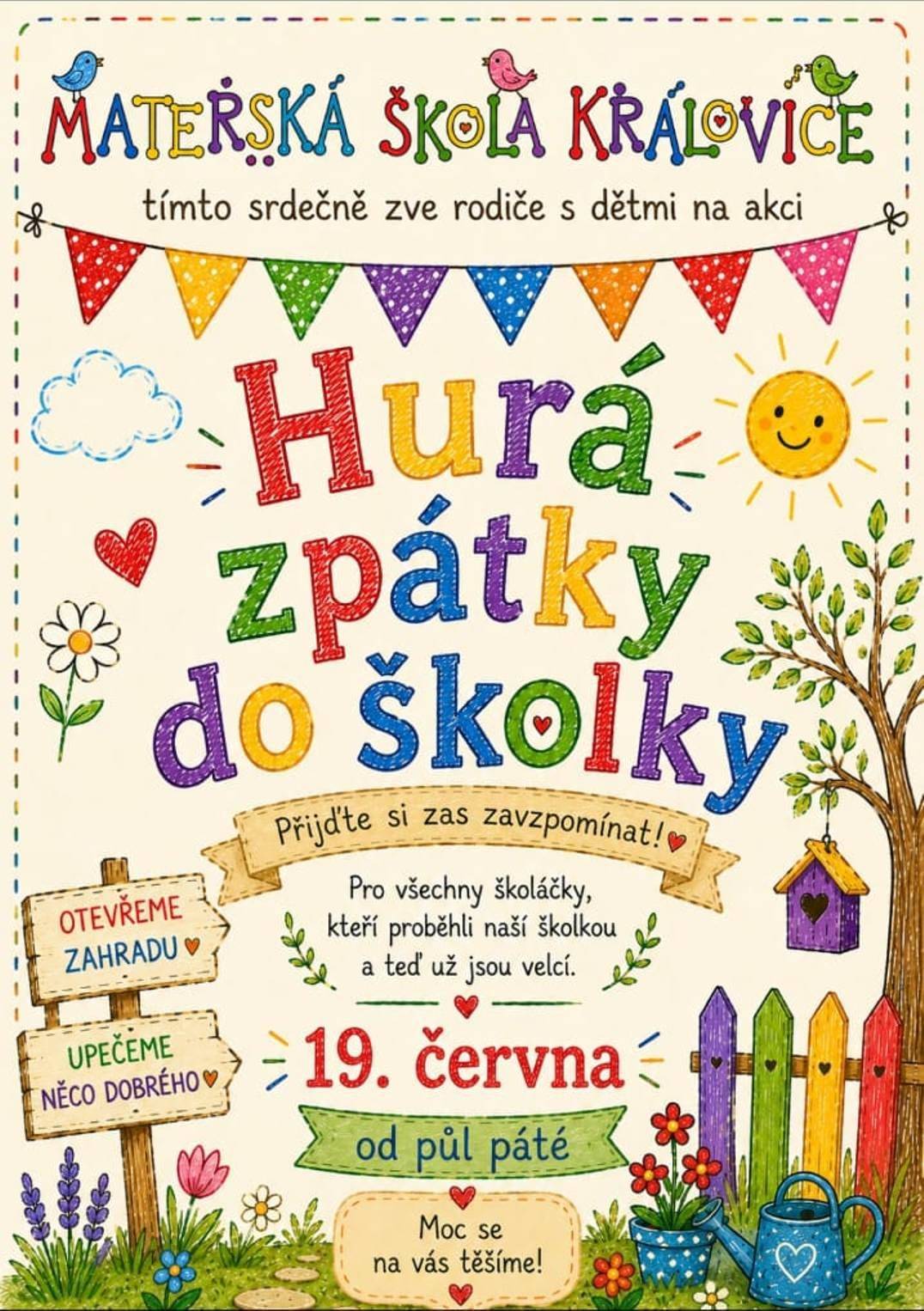 Mateřská škola Královice srdečně zve všechny rodiče a děti, kteří v minulosti navštěvovali naši školku, na společné setkání dne 19. 6. 2026 od 16:30 hodin.