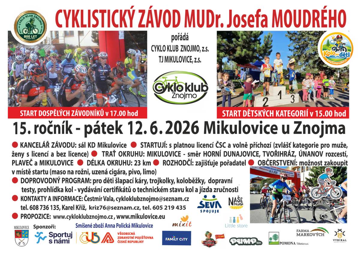 Pozvánka na cyklistický závod MUDr. Josefa Moudrého, který se koná v pátek 12.06.2026 v Mikulovicích u Znojma.
