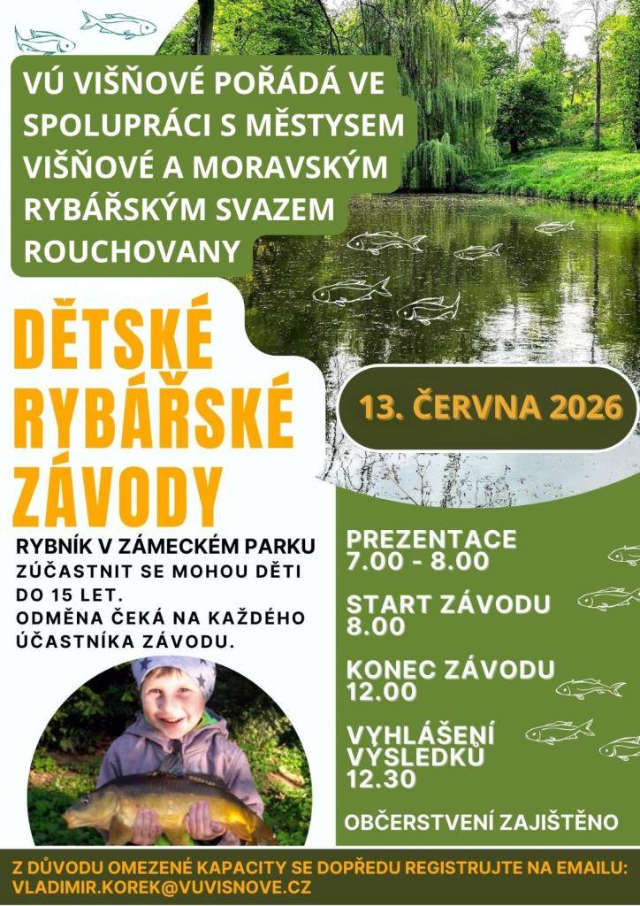 VÚ Višňové pořádá 13. června 2026 ve spolupráci s městysem Višňové a Moravským rybářským svazem Rouchovany dětské rybářské závody.