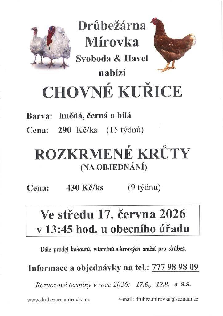 DRŮBEŽÁRNA MÍROVKA, Svoboda-Havel, prodává  ve středu 17. června 2026 v 13:45 hod. u OÚ  nosné kuřice (hnědé, černé) - stáří 15 týdnů, cena 290,- Kč  a rozkrmené krůty - stáří 9 týdnů, cena 430,- Kč