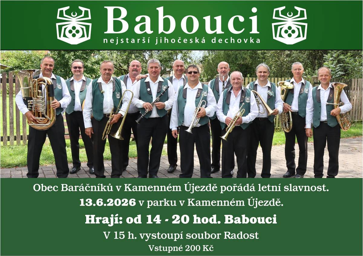 Obec Baráčníků všechny srdečně zve v sobotu 13. 6. 2026 do parku na Náměstí na Letní slavnost