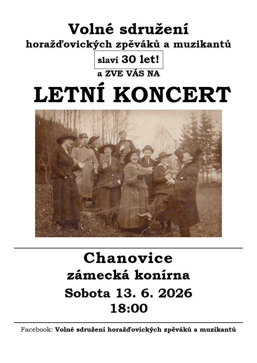 Dobrý den, v Chanovicích se v sobotu 13. června od 10:30 hodin koná fotbalové utkání TJ Pfeifer Chanovice proti TJ Sokol Plzeň - Černice. Řečeno slovy TJ:" Vážení příznivci Chanovického fotbalu, chceme Vás pozvat na poslední zápas sezóny na domácím hřišti proti Černicím. Ihned po skončení zápasu budou následovat oslavy mistrovského titulu! Následovat bude dokopná týmu, která je již akcí pro uzavřenou společnost. Přijďte zafandit a užít si společně s námi oslavy postupu a mistrovského titulu. Lets go, Pfeifer!" a následně, taktéž v sobotu, se od 18:00 v Konírně v zámeckém areálu koná koncert Volného sdružení horažďovických zpěváků a muzikantů, které slaví 30 let! UPOZORŇUJEME, že v kulturním kalendáři je uveden čas 18:30, ten ale neplatí a začátek je o 30 minut dříve, tedy v 18:00 hodin.!   V Defurových Lažanech se po celý víkend koná pouť. Pokud máte chuť, zajeďte se podívat a pozdravit se s přáteli.   Obec Chanovice Vás srdečně zve na všechny tyto akce. Také velice děkujeme pořadatelům.