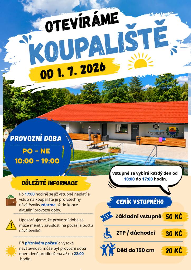 Vážení občané,   sezónu na našem koupališti zahajujeme ve středu 1. 7. 2026.   Od pondělí 15. 6. 2026 je možné zažádat o VIP vstupenku.