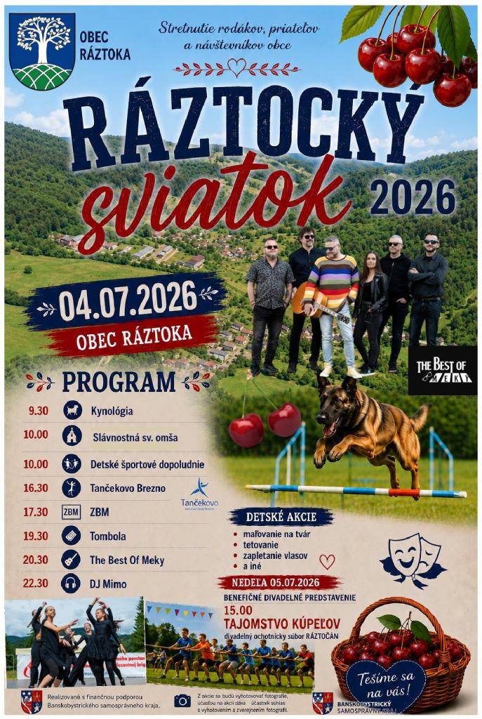 Milí občania,  srdečne Vás pozývame na Ráztocký sviatok, ktorý sa uskutoční 4. júla 2026. Príďte si spolu s rodinou, priateľmi a susedmi užiť deň plný radosti, dobrej nálady, príjemných stretnutí a spoločných zážitkov. Veríme, že si spoločne vytvoríme krásne spomienky.