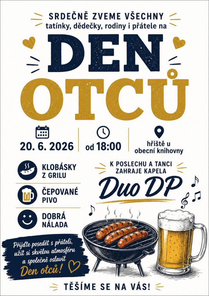 Přijďte s námi oslavit den všech tatínků v sobotu 20. června na dětské hřiště :). Akce začíná v 18 hodin a nebude chybět dobré pití, klobásy ani hudba.