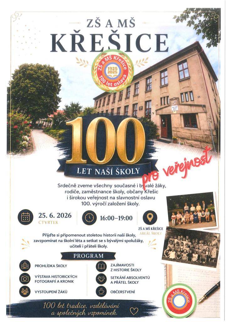 Srdečně zveme 25.6.2026 od 16:00 hodin všechny současné i bývalé žáky, rodiče, zaměstnance školy, občany Křešic i širokou veřejnost na slavnostní oslavu 100. výročí založení školy.