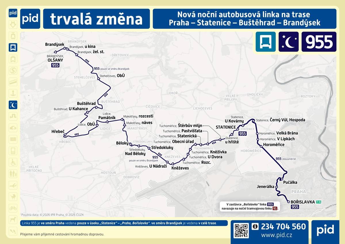 Vážení občané, od tohoto víkendu začne jezdit do Tuchoměřic nová noční autobusová linka. Má číslo 955, pojede z Bořislavky krátce před druhou hodinou ranní a bude tu čekat na příjezd tramvaje 91 z centra Prahy. Jezdit bude každý den, poprvé ji můžete vyzkoušet v noci z 13. na 14. června. I když se může zdát tříminutový přestup na Bořislavce jako riskantní, není třeba mít obavy. Autobus 955 má v jízdním řádu nastavenou čekací dobu na noční tramvaj, aby přestup bez problémů fungoval. Pokud bude mít tramvaj zpoždění, řidič o tom dostane automaticky zprávu a bude na ni čekat. Linka 955 je společným projektem, který financujeme a organizujeme společně s okolními obcemi. Do Tuchoměřic přijede přes Horoměřice a Statenice a dál bude pokračovat přes Středokluky směrem na Buštěhrad, Lidice, Hřebeč, Stehlčeves a Brandýsek. Jde zatím o pilotní projekt nové linky, který se všemi obcemi po půl roce až roce vyhodnotíme, zda o něj mají cestující zájem. Pokud se budete vracet pozdě v noci z Prahy, věříme, že nový noční autobus oceníte. S přáním krásného dne Váš OÚ