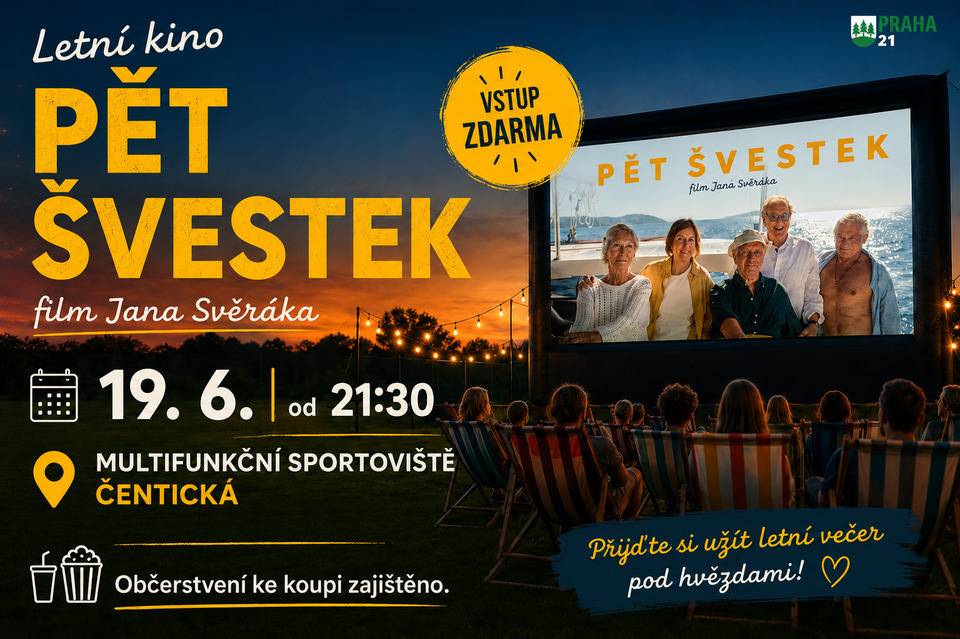 V pátek 19. června 2026 od 21:30 společně zhlédneme nový film režiséra Jana Svěráka. Přijďte si užít pohodový večer s novým českým filmem Pět švestek! Těšit se můžete na promítání pod širým nebem, příjemné posezení i pohodovou letní atmosféru. Vezměte si deku pro větší pohodlí a užijte si filmový večer s rodinou i přáteli. Na místě bude zajištěno občerstvení ke koupi.   Kdy a kde?  19. 6. 2026 od 21:30  Multifunkční sportoviště Čentická