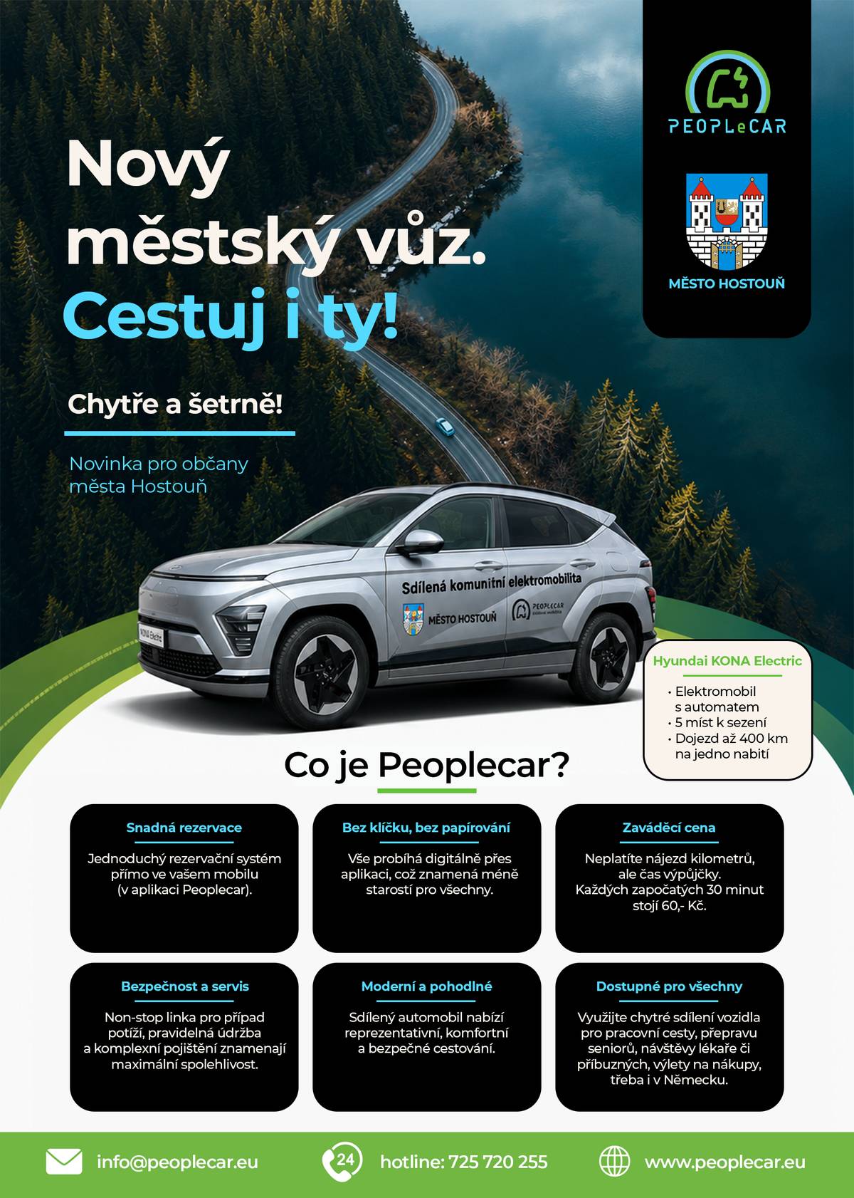 V pátek 12.6.2026 od 13:00h do 17:00h se koná před Městským úřadem v Hostouni seznámení veřejnosti s půjčováním sdíleného elektroautomobilu.