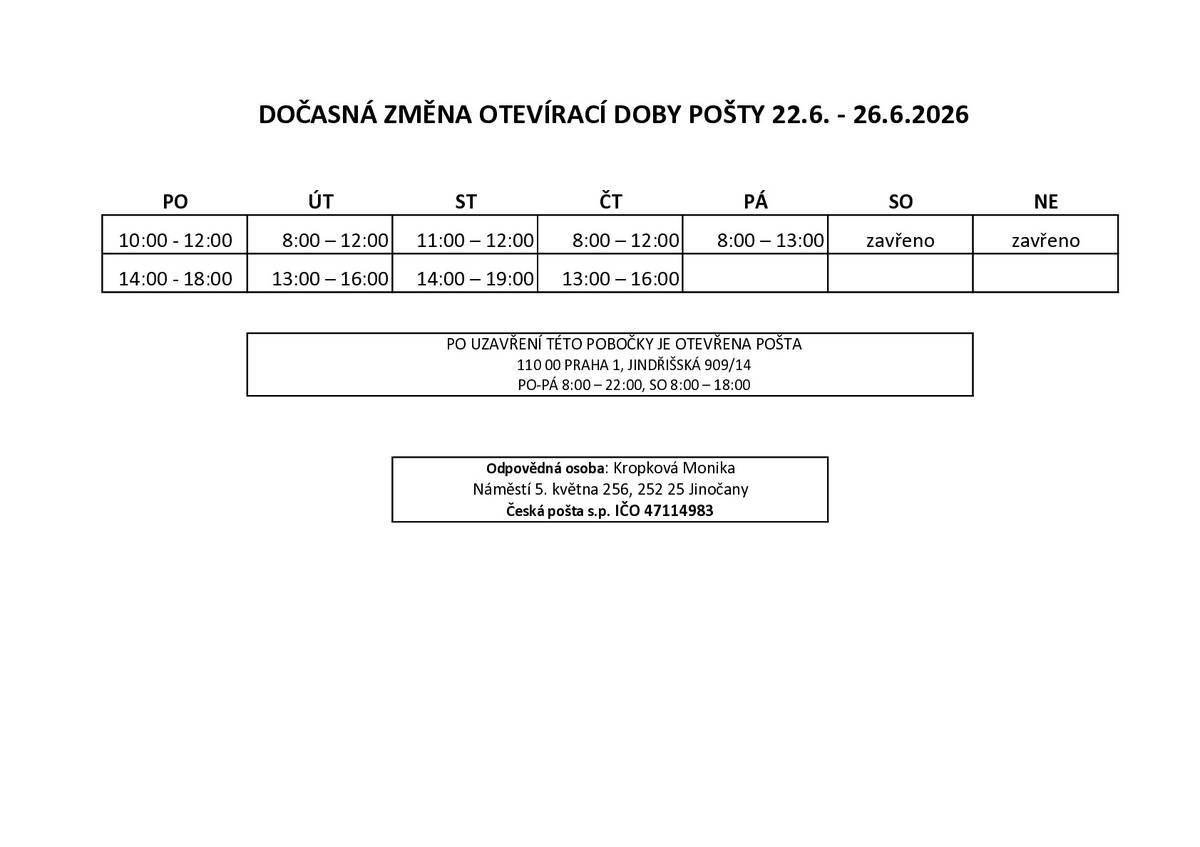 Upozorňujeme občany na dočasnou změnu otevírací doby Pošty Partner Jinočany v období od 22.6.2026 do  26.6.2026.