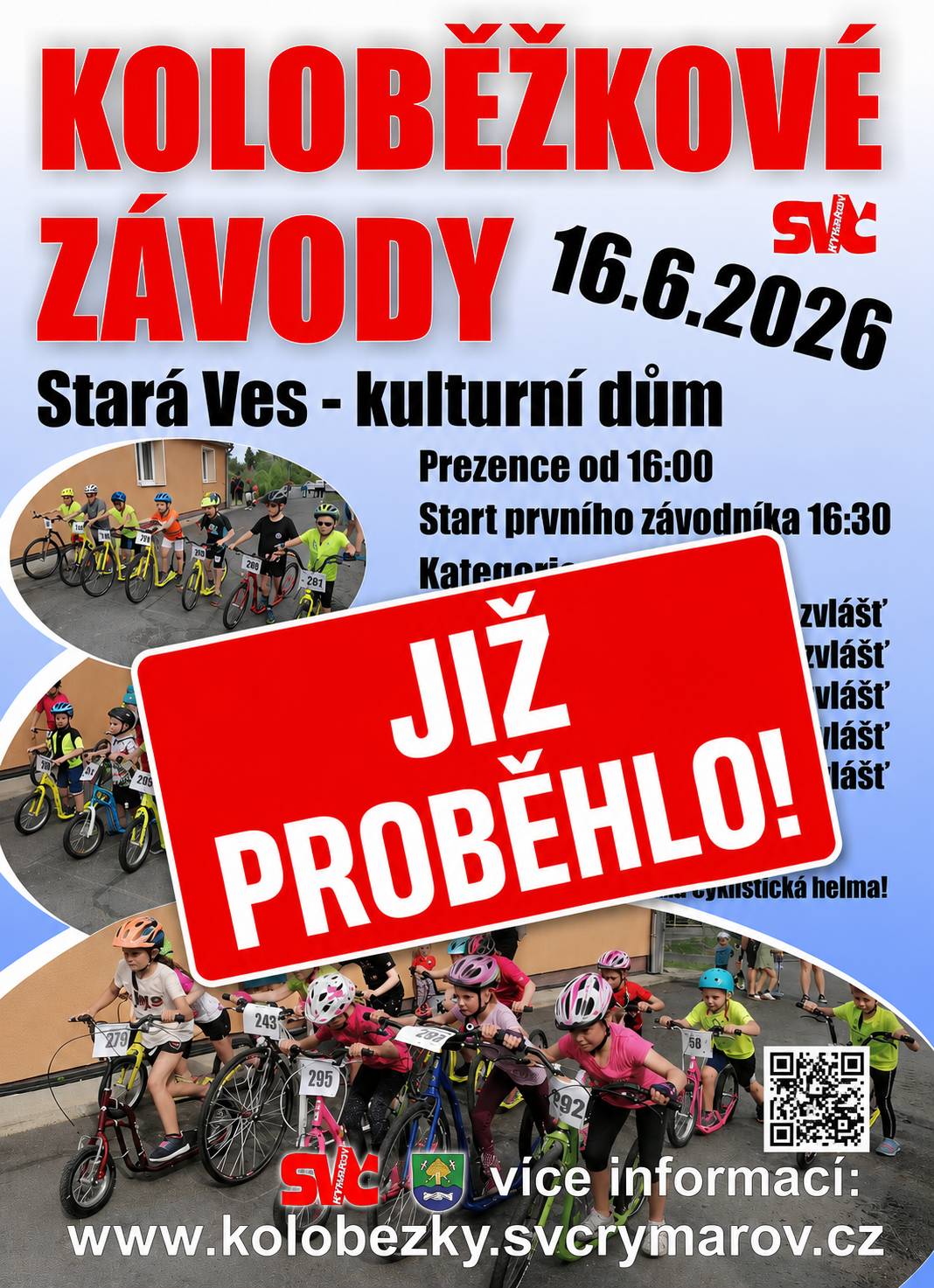 📢Upozornění!  Koloběžkové závody ve Staré vsi již proběhly, dne 16. června se konat nebudou. Za vzniklé nedorozumění se omlouváme a děkujeme za pochopení. 🙏