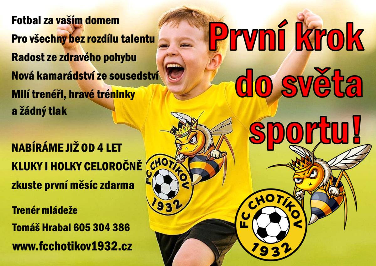 FC Chotíkov 1932 zve všechny kluky i holky od 4 let k pravidelnému fotbalovému trénování. Děti se mohou těšit na pohyb, nové kamarády, hravou formu tréninků a přátelské prostředí bez zbytečného tlaku na výkon.