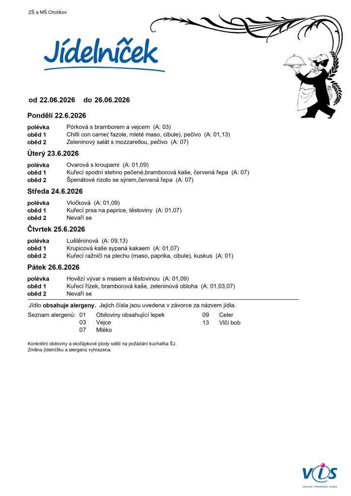 Jídelní lístek ZŠ a MŠ Chotíkov na týden 22. 06. 2026 - 26. 06. 2026.