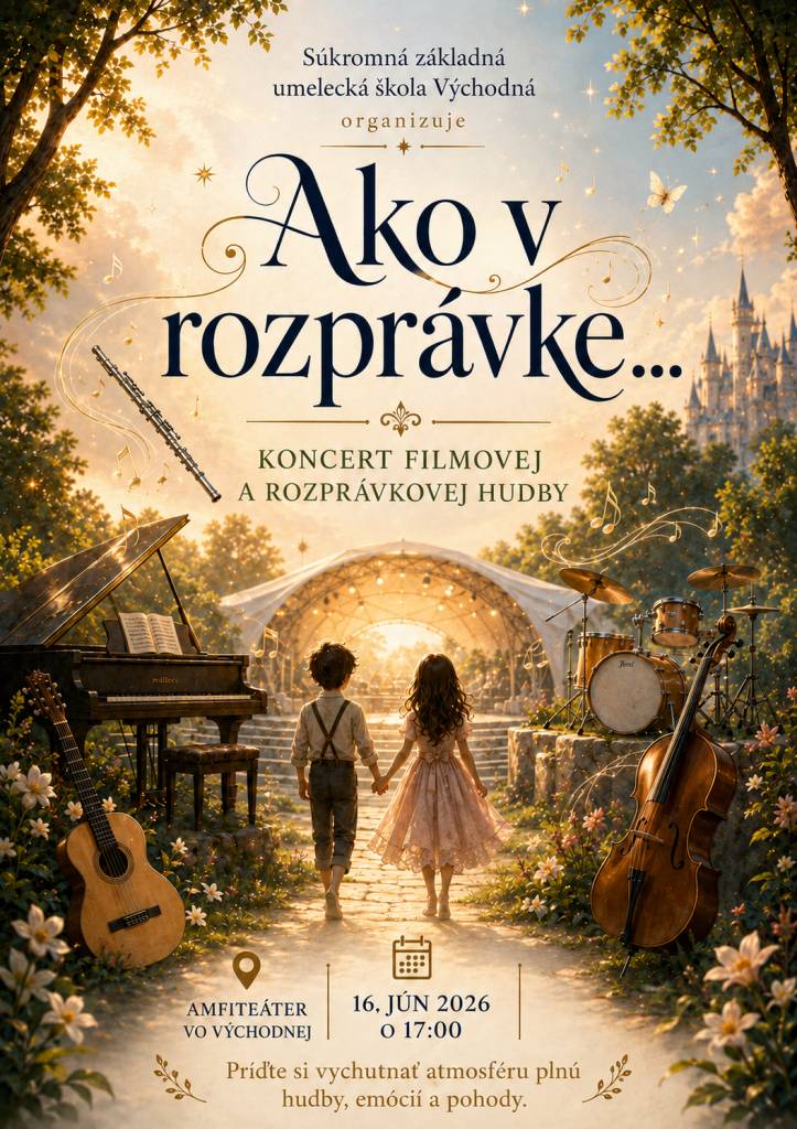 Súkromná základná umelecká škola vo Východnej organizuje 16.júna 2026 o 17,00 hod. koncert filmovej a rozprávkovej hudby v areáli amfiteátra, na ktorý vás srdečne pozývame.