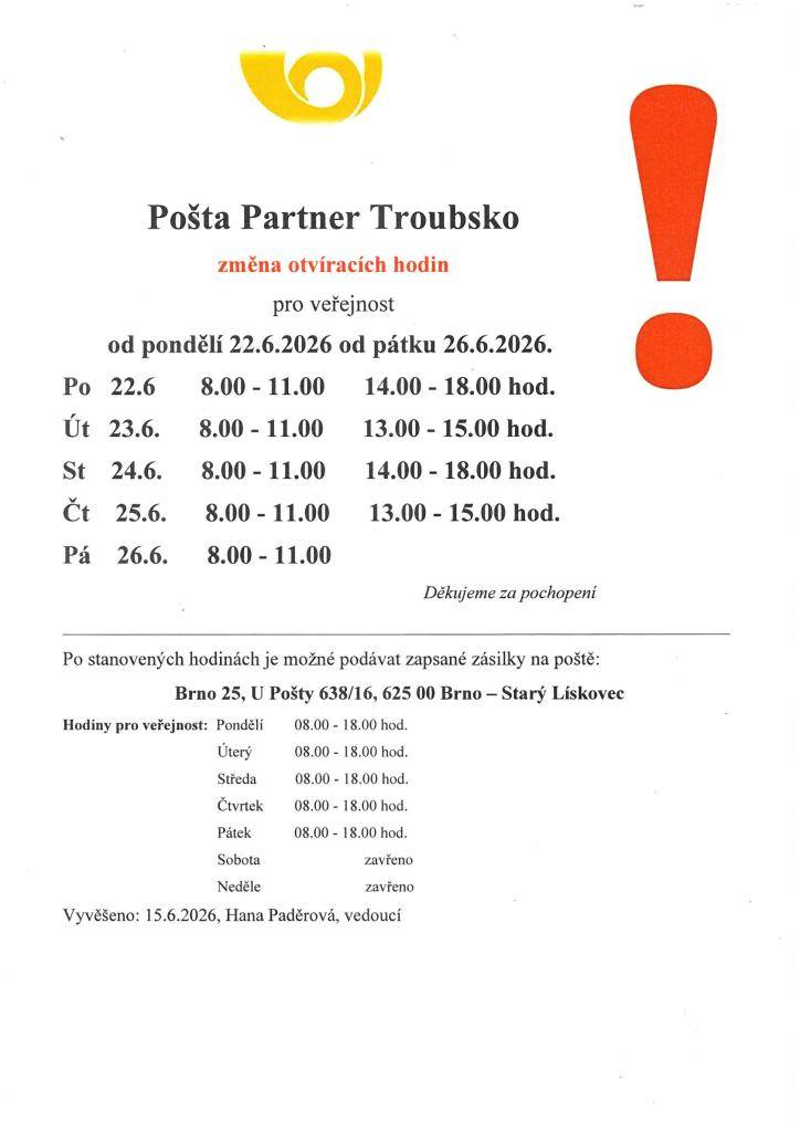Pošta Troubsko -změna otevírací doby
