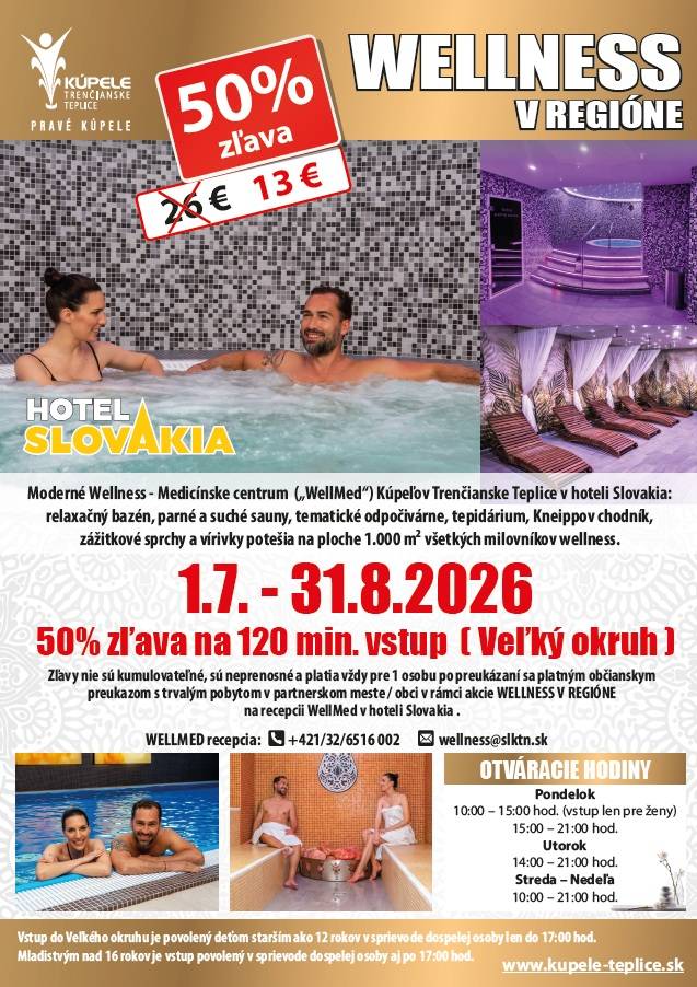 Kúpele Trenčianske Teplice - ponuka 50 % zľavy na vstup do wellness od 1.7. - 31.8.2026.