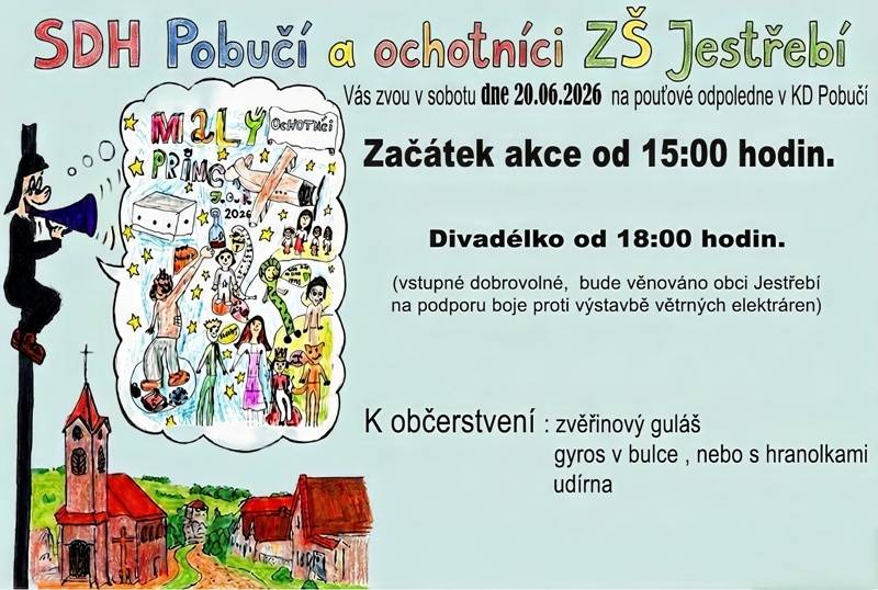 SDH Pobučí a ochotníci ZŠ Jestřebí zvou na pouťové odpoledne v sobotu 20.6. v KD Pobučí.  Začátek 15:00 hodin  Divadélko 18:00 hodi