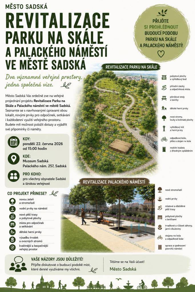 Zveme vás na veřejné představení a projednání projektu revitalizace parku na Skále a parku na Palackého náměstí v pondělí 22.6. od 15:00 hodin v 1. patře budovy Muzea.