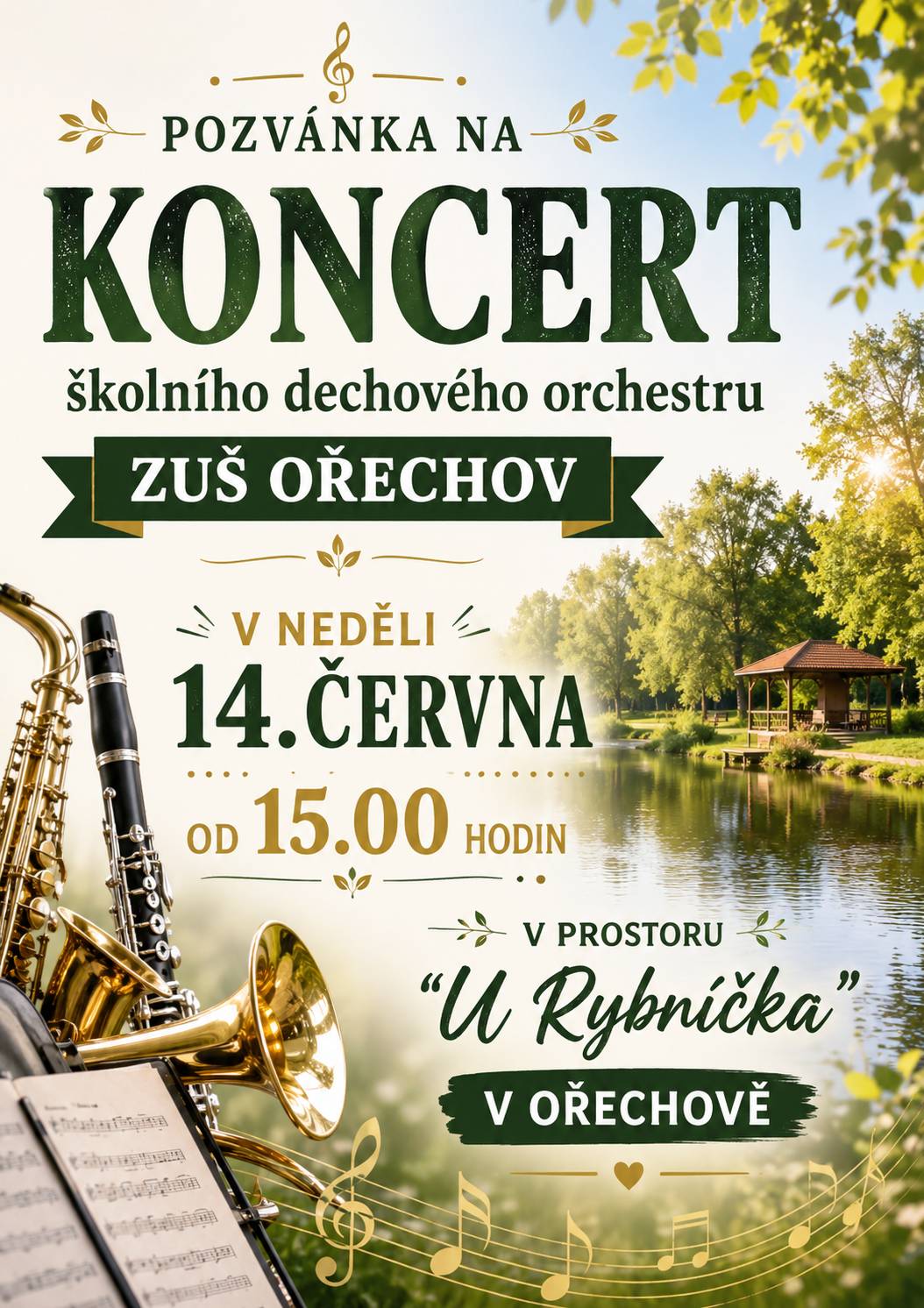 ZUŠ Ořechov zve dnes od 15.00 na koncert Dechové hudby ZUŠ na prostranství U rybníčka