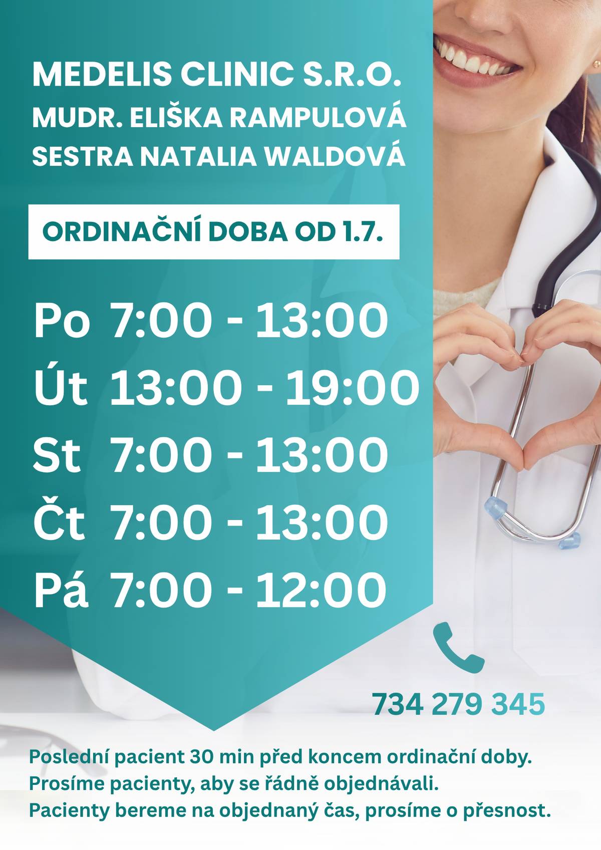 Od 1. 7. 2026 ordinuje v Prušánkách nová praktická lékařka. Medelis Clinic s.r.o. - MUDr. Eliška Rampulová, sestra Natalia Waldová.  Nová ordinační doba Pondělí: 7:00–13:00 Úterý: 13:00–19:00 (změna místo čtvrtka) Středa: 7:00–13:00 Čtvrtek: 7:00–13:00 Pátek: 7:00–12:00 Poslední pacient je přijímán 30 minut před koncem ordinační doby. Prosíme pacienty, aby se řádně objednávali. Pacienty přijímáme na objednaný čas, proto prosíme o dochvilnost. Telefonní číslo zůstává stejné: 734 279 345 Objednávky jsou možné také prostřednictvím virtuální sestry Emmy: https://moje.sestraemmy.cz/-/medelis Přes virtuální sestru můžete: • objednat se na preventivní prohlídku • vkládat lékařské zprávy • požádat o registraci • požádat o předoperační vyšetření • objednat se na diabetologické kontroly • objednat se na kontroly krevního tlaku a další vyšetření Ceník byl upraven a je vyvěšen v čekárně. Nově nabízíme rozšířenou diagnostiku interních chorob. Ambulance bude pro pacienty otevřena od 1. 7. 2026 od 8:00 hodin. Těšíme se na Vás.