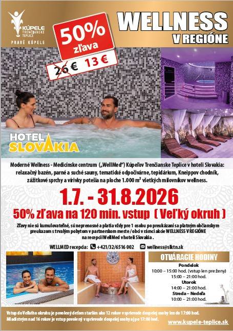 Kúpele Trenčianske Teplice ponúkajú občanom Dežeríc 50% zľavu na 120 min. vstup v období od 1.7 do 31.8.2026.