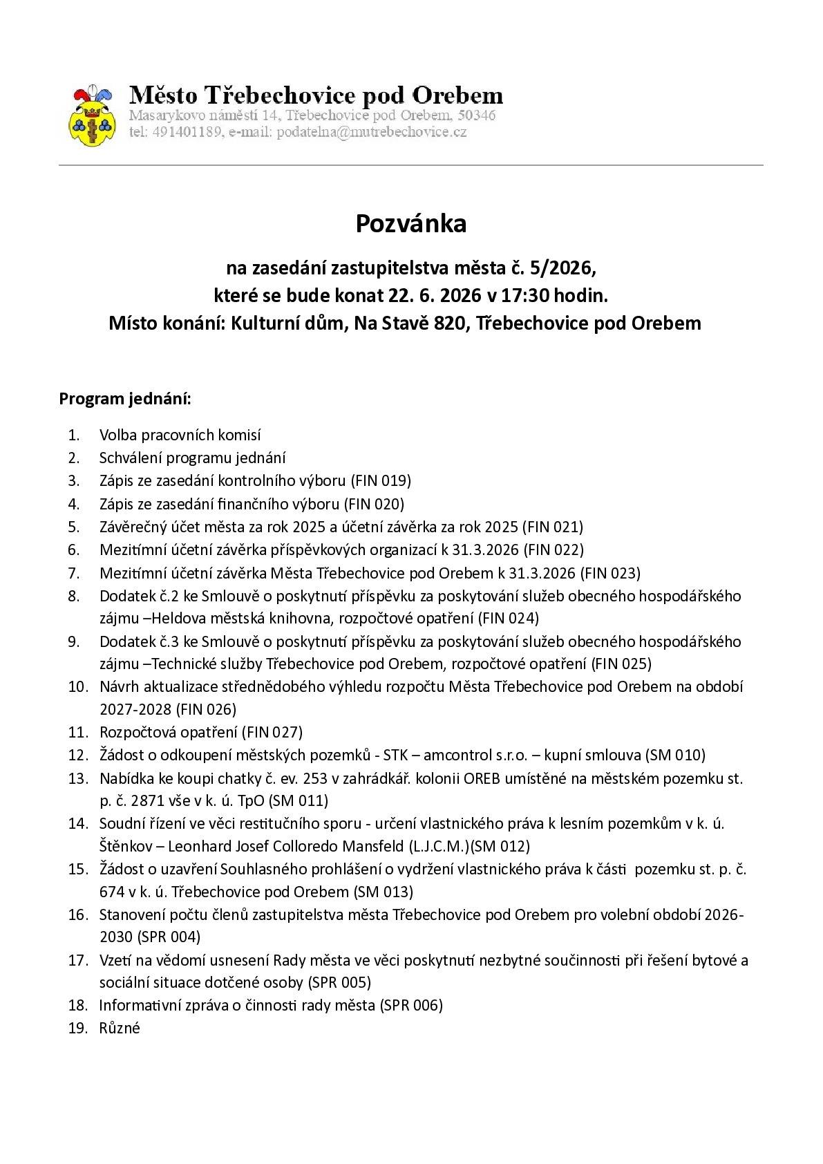 Pozvánka na zasedání zastupitelstva města