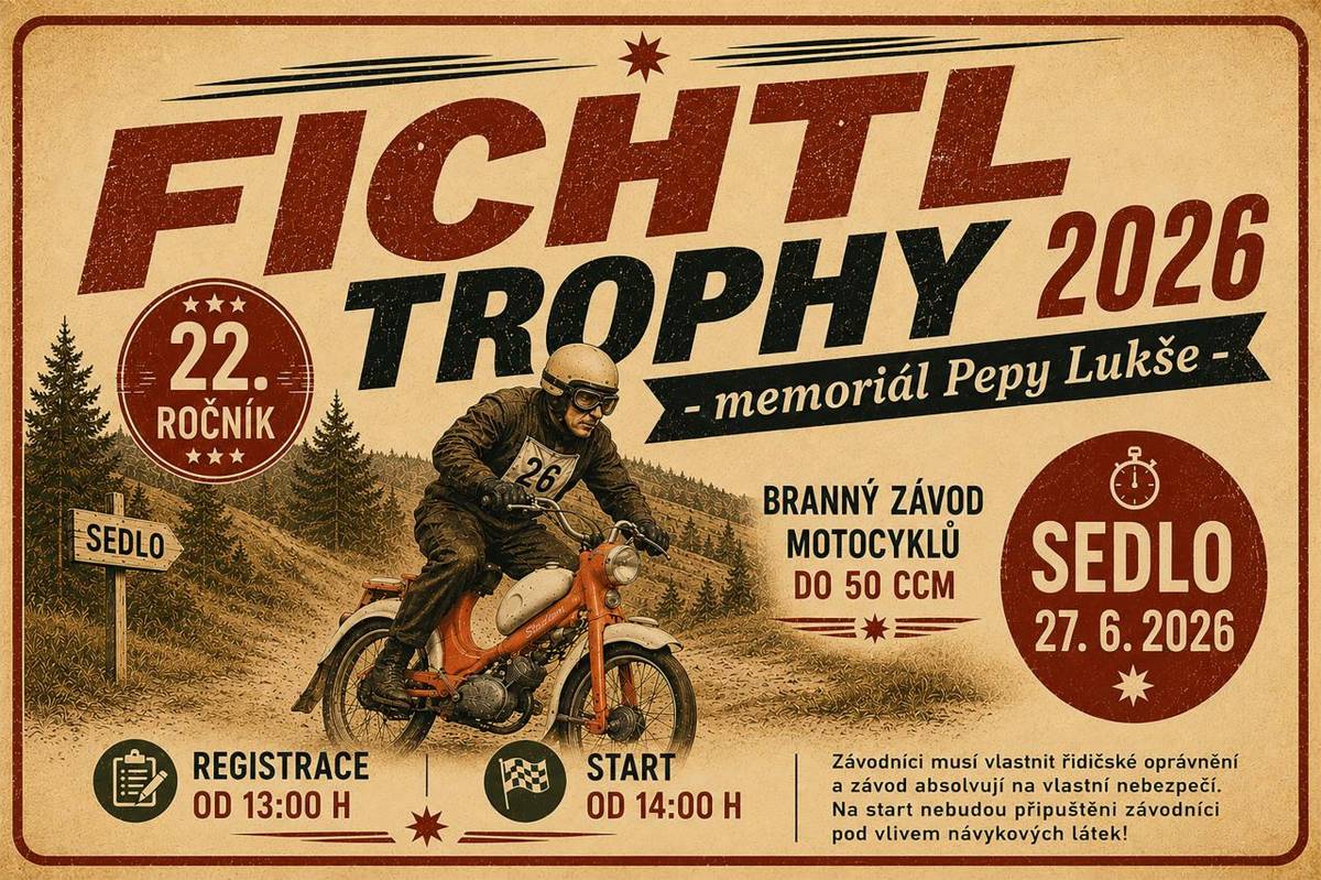 V sobotu 27. června 2026 se uskuteční tradiční Fichtl trophy 2026 v Sedle. Jedná se již o 22. ročník branného závodu motocyklů do 50 CCM. Registrace je od 13:00 hod, samotný start pak od 14:00 hod. Všichni jste srdečně zváni!