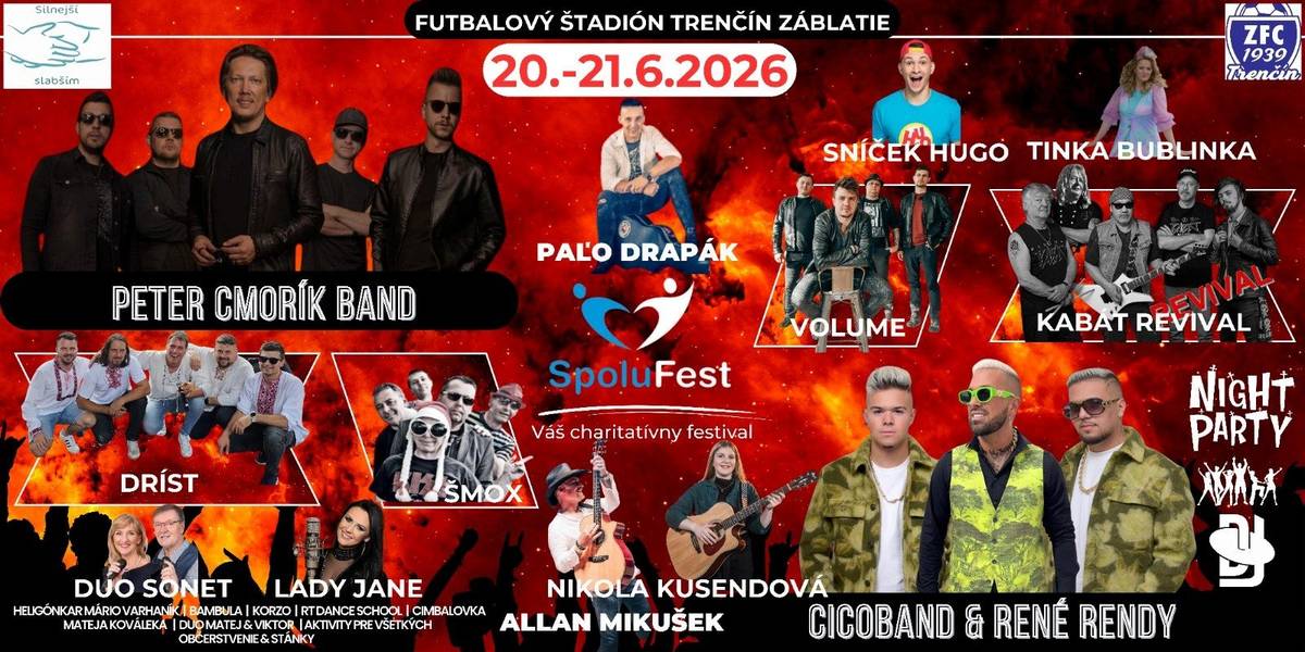 Pozvánka na SpoluFest 2026 s výťažkom pre 3 onkologické pacientky na futb.štadióne v Trenčíne 20-21.6. Vstupenky možno objednať na t.č.0915 379 062