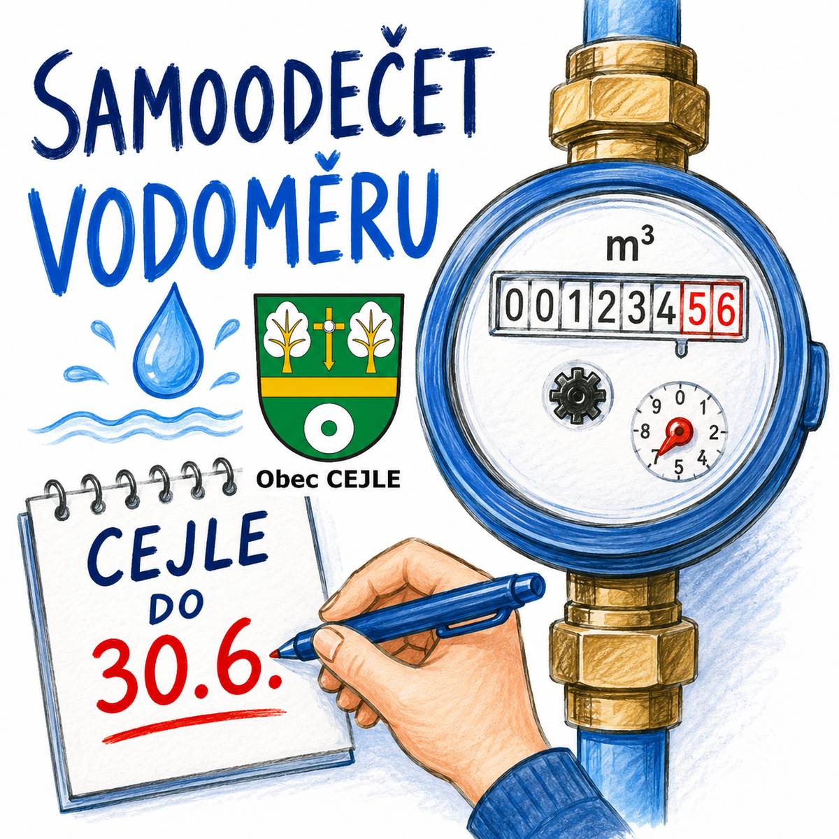 Prosíme občany a majitele nemovitostí v Cejli, aby provedli samoodečet spotřeby vody na svých vodoměrech. Ten, kdo využívá digitální komunikaci může stav nahlásit do 30.6.2026 jakoukoliv formou na kontakty obce Cejle (Facebook, Whatsapp, e-mail) a pochopitelně i přes SMS a MMS.   V případě, že nemůžete vodoměr odečíst a takto zaslat stav, bude odečet proveden tradičně zaměstnancem obce. Děkujeme.