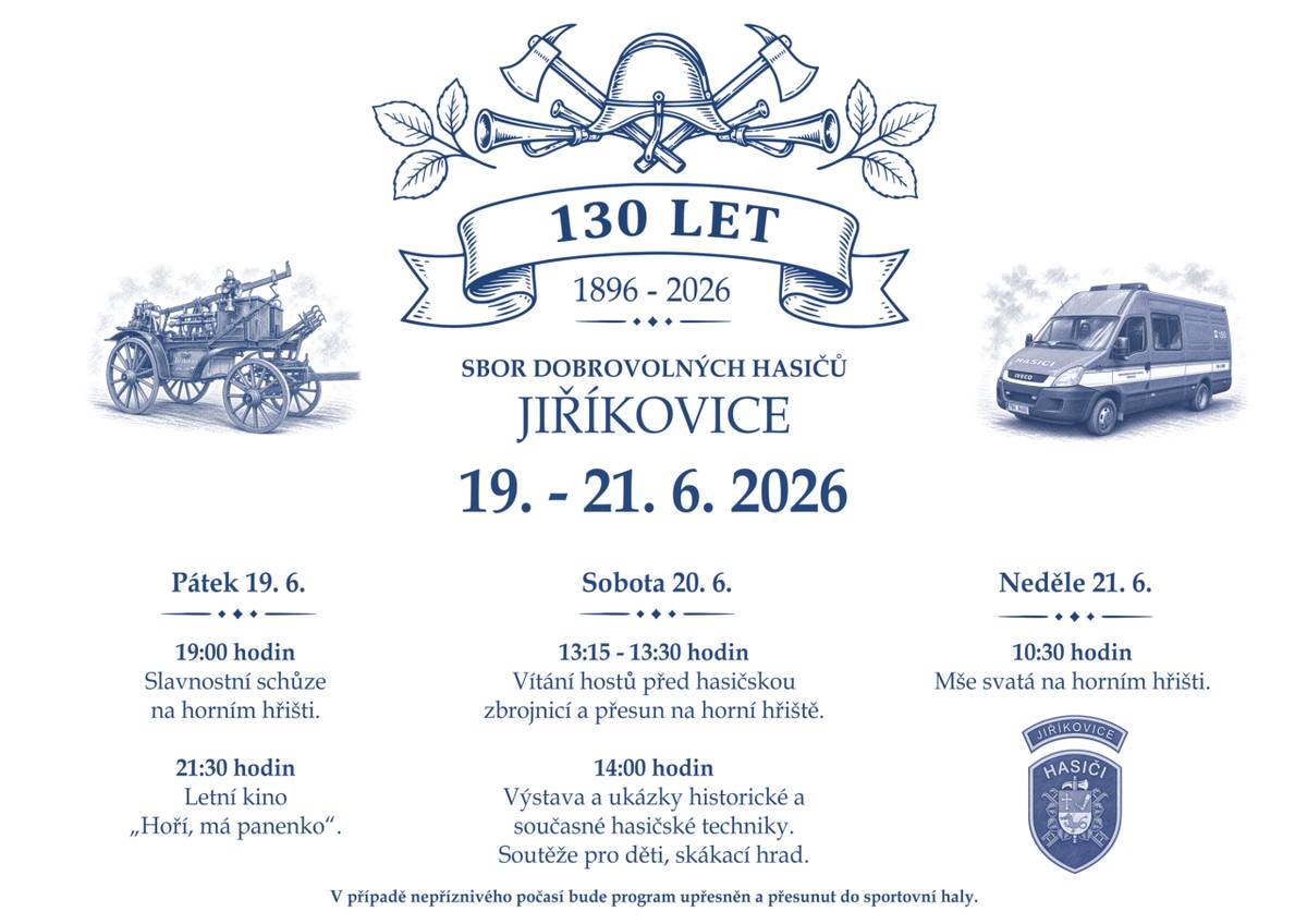Zveme vás na oslavy 130. výročí založení SDH Jiříkovice.