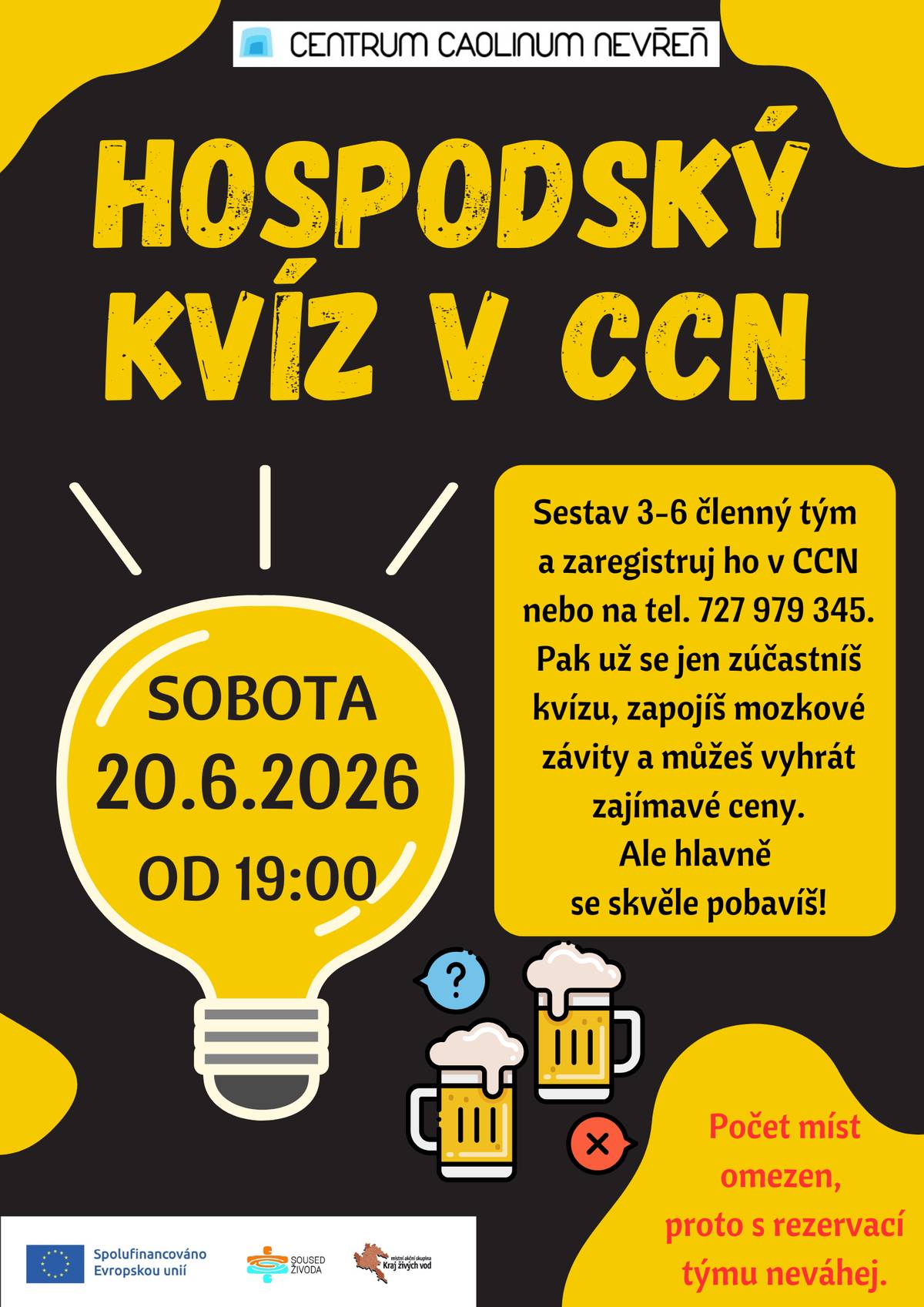 Přijďte si užít další večer plný zábavy, vědomostí a přátelského soupeření. 📅 V sobotu 20. června 2026 od 19:00 na vás čeká tradiční hospodský kvíz, ve kterém prověříte nejen své znalosti, ale i týmového ducha. Tentokrát se můžete těšit na témata: 🎬 Letní komedie 🌍 Prázdninové destinace 🎵 Hudba A další tři okruhy si jako vždy necháme jako překvapení až na samotný kvíz. 😉 👥 Sestavte tým o 3–6 hráčích a přihlaste ho v CCN nebo na telefonu 727 979 345. 🏆 Čekají vás zajímavé ceny, ale především příjemný večer ve skvělé společnosti. ⚠️ Počet míst je omezený, proto s rezervací neváhejte. Těšíme se na vás! 🍺💡
