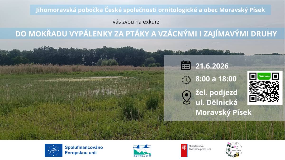 Zveme vás na exkurzi do mokřadu Vypálenky, která je součástí projektu zaměřeného na ochranu životního prostředí. Akce se koná v neděli 21. června od 8.00 do 18.00