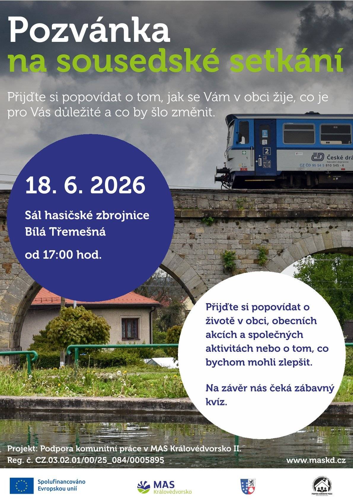 Ve čtvrtek 18. června od 17 h se koná sousedské setkání v sále hasičské zbrojnice. Přijďte sei popovídat o životě v obci, společných akcích a aktivitách. Uvítáme, když před samotnou akcí vyplníte dotazník, který je k dispozici na obecním úřadě nebo on-line. Více informací na www.bilatremesna.cz. Abychom věděli jaká témata Vás zajímají, můžete předem vyplnit dotazník: https://docs.google.com/forms/d/e/1FAIpQLSeJqet7CPjy-3QVcF2KgcJ8hRUzUii8kJE7G7xE_uqc4NHtzw/viewform?usp=header