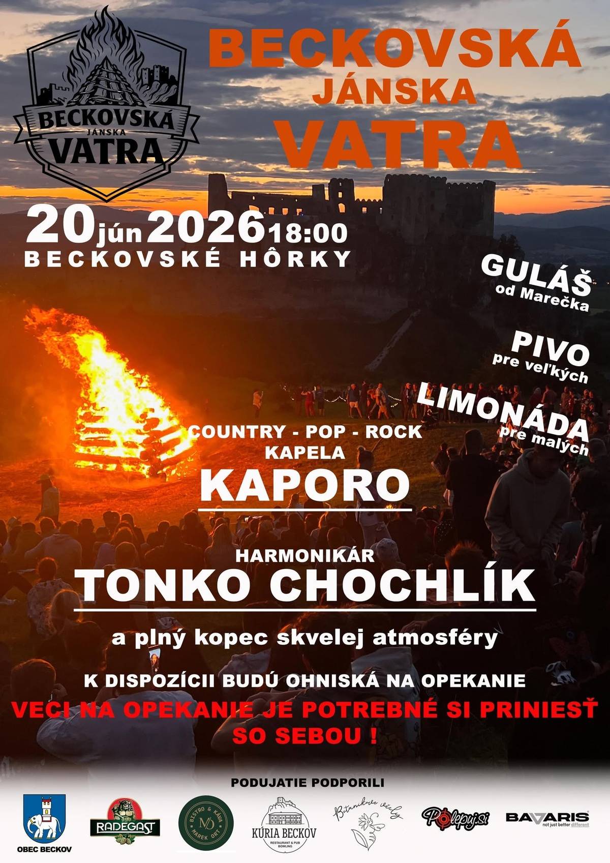 "Spolok" Beckovská Jánska vatra pozýva širokú verejnosť  v sobotu 20.6.2026 od 18.00 h na Hôrky, kde sa rozhorí tradičná Jánska vatra.
