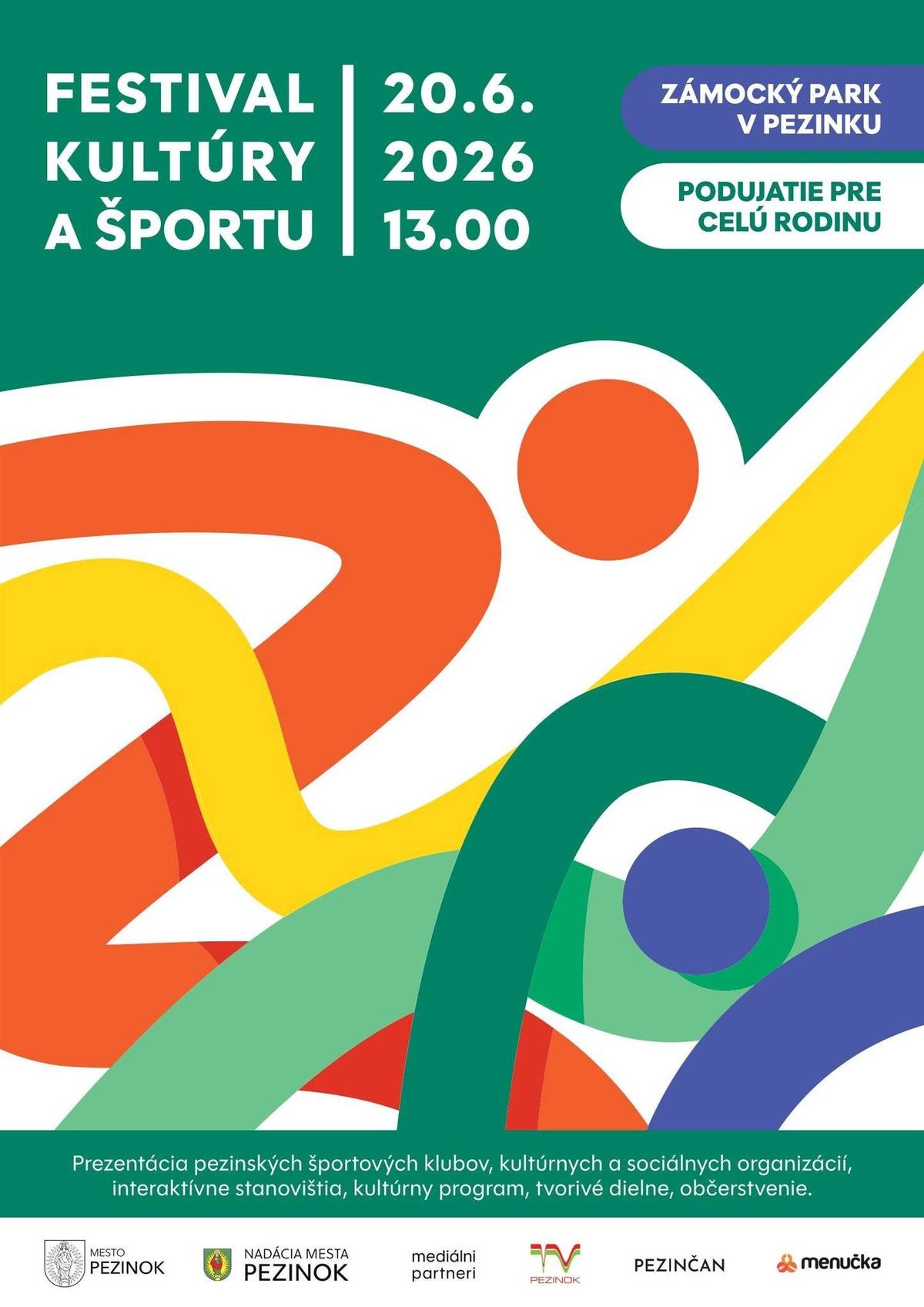 Čo všetko ponúka Pezinok? Príďte to objaviť na Festival kultúry a športu! V sobotu 20. júna 2026 od 13.00 hod. sa Zámocký park premení na miesto stretnutí, športu, kultúry a dobrej nálady. Predstavia sa desiatky športových klubov, kultúrnych organizácií, umeleckých súborov, voľnočasových združení aj organizácií poskytujúcich sociálnu pomoc. Mnohé aktivity si budete môcť sami vyskúšať na interaktívnych stanovištiach.  Kultúrny program Športové ukážky a prezentácie Tombola Občerstvenie Program pre celú rodinu  Po skončení podujatia Run Bekim Run budeme pokračovať spoločným popoludním, ktoré ukáže, aký aktívny, tvorivý a komunitný je Pezinok. Zámocký park Pezinok 20. 6. 2026 | 13.00 Tešíme sa na stretnutie s vami!