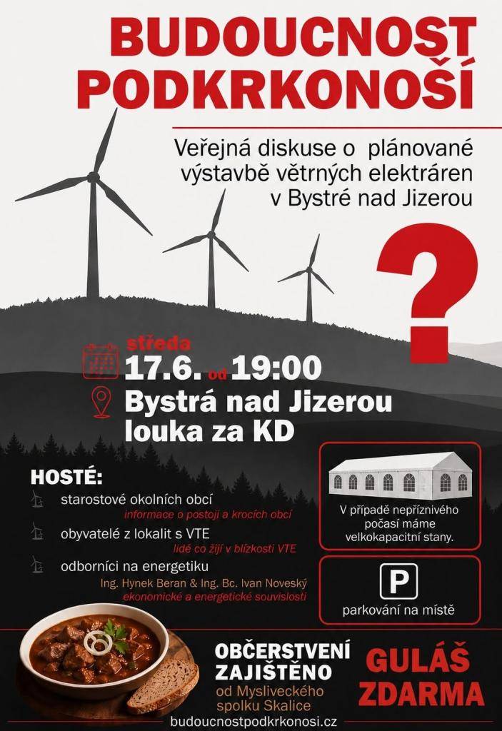 Veřejná debata o větrných elektrárnách  ve středu 17.6.2026